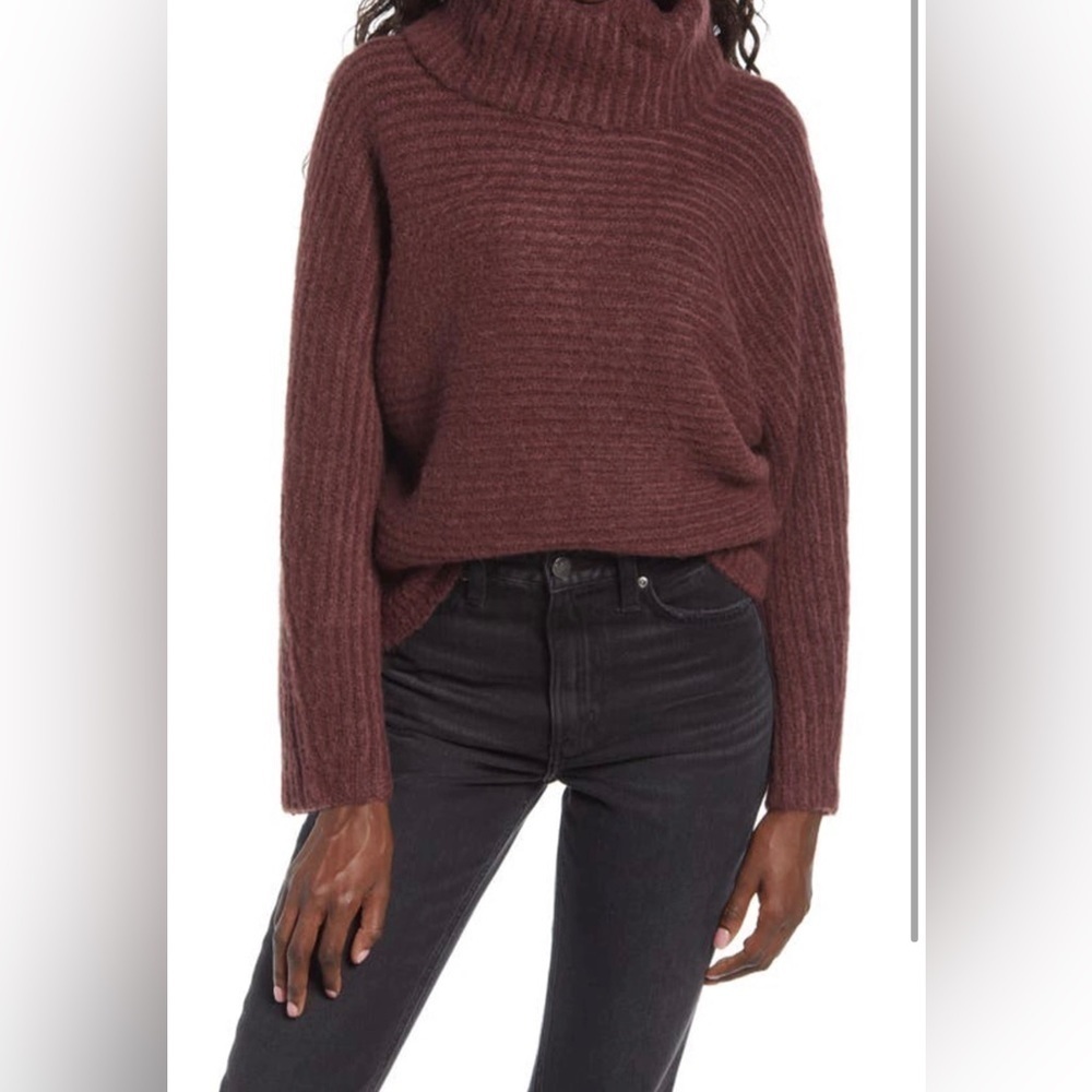 LEITH DOLMAN SOFT RIBBED KNIT TURTLENECK BURGUNDY WINE LARGE NEW
